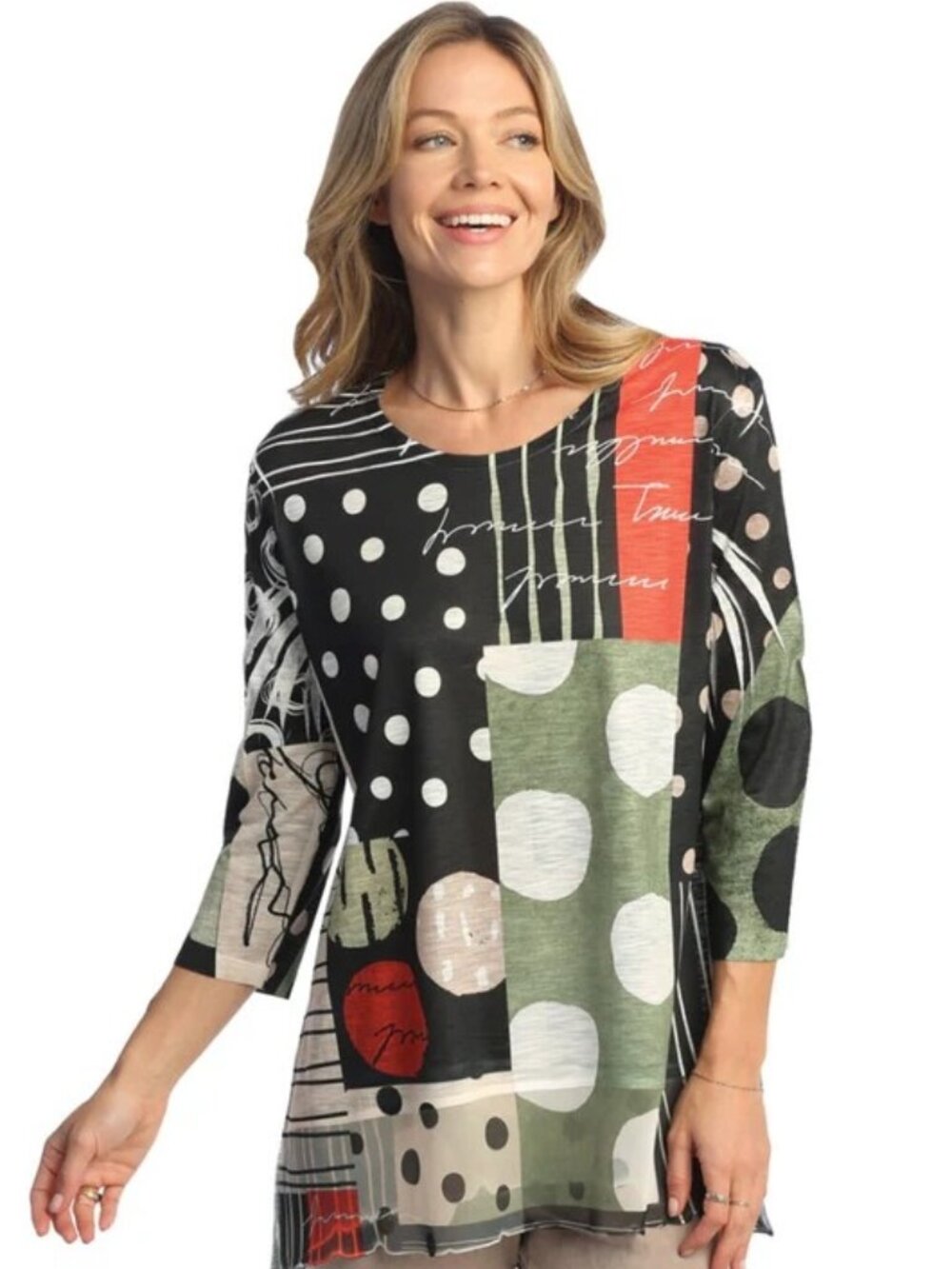 Jess & Jane Amelia Tunic Top Womens 2X Artsy Abstract Mixed Handkerchief Hem